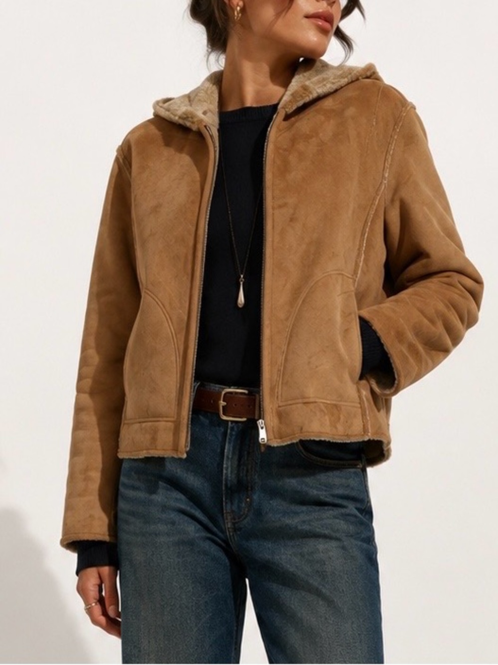 Vintage AEROS Faux Suede Sherpa Hooded Jacket Brown Y2K Large